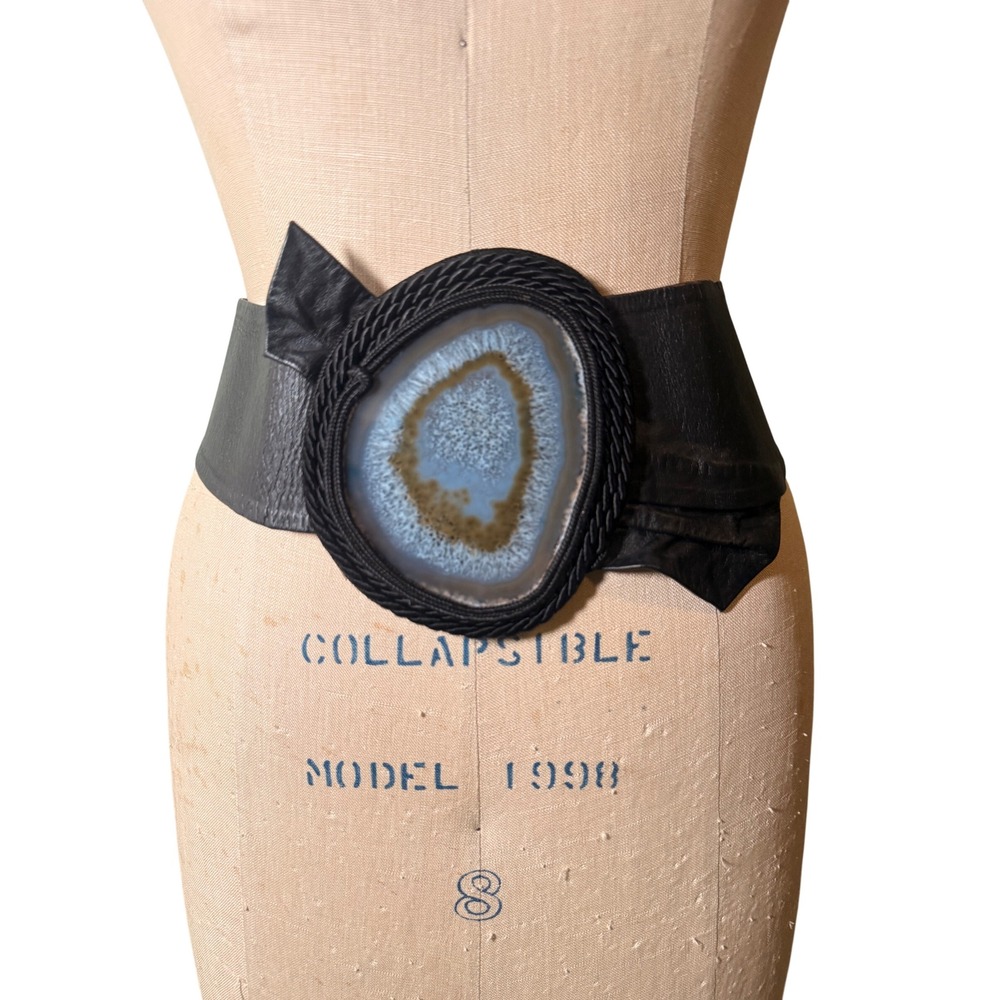 Handmade Black Leather Wide Belt w Large Blue Grey Agate Geode Slice Buckle